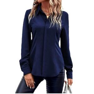 MNG by Mango Midnight Blue Crinkle Texture Collared Button Up Blouse Size 4